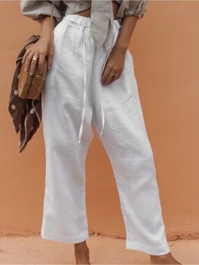 POSSE Australia Siona Pants in White Size Small NWOT Pull On Linen Pockets